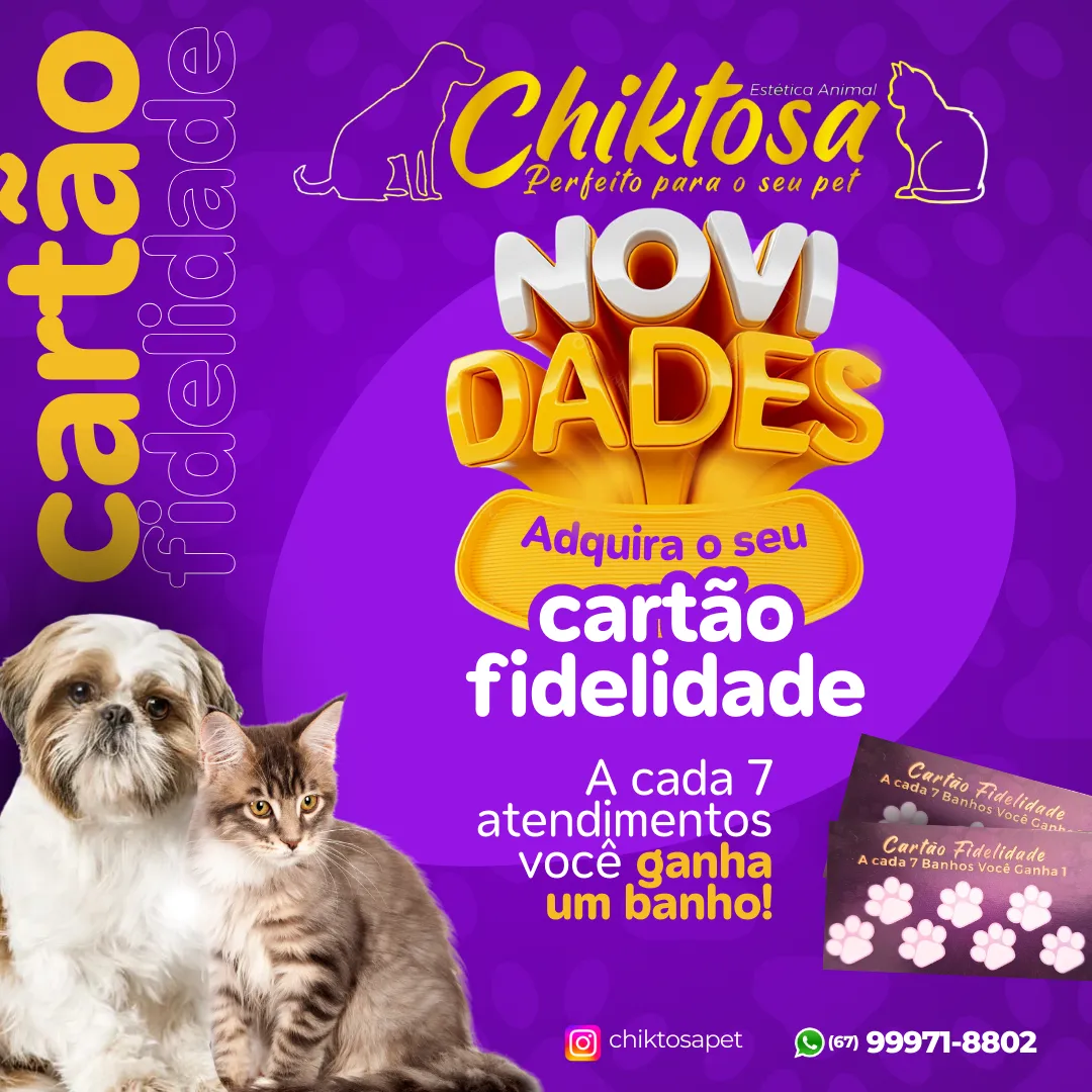 Imagem de compartilhamento para o artigo Pet Shop Chiktosa oferece cartão fidelidade em Costa Rica: ganhe um banho grátis a cada 7 serviços da MS Todo dia